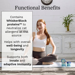 Pacagen cat allergen reducing health supplement label shows postbiotics and fructooligosaccharides for immune support