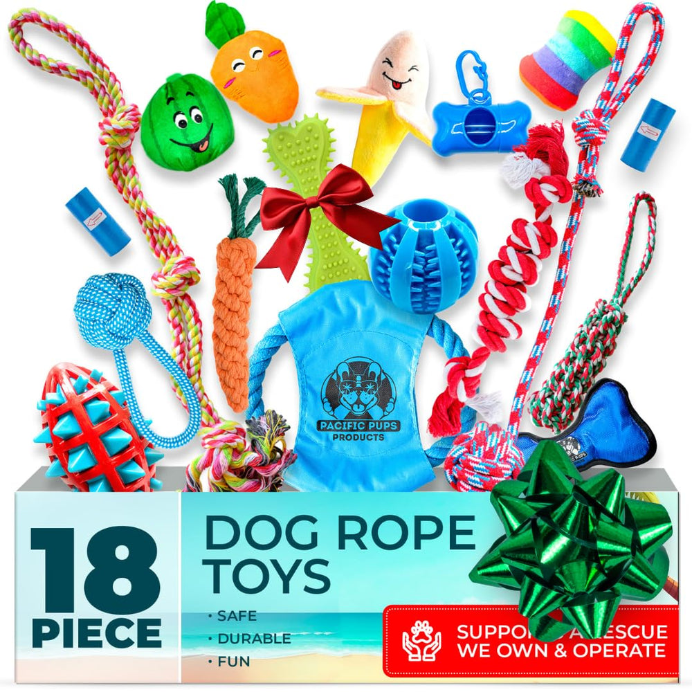 Pacific Pups 18-piece bulk dog toy pack variety for versatile play and boredom relief.