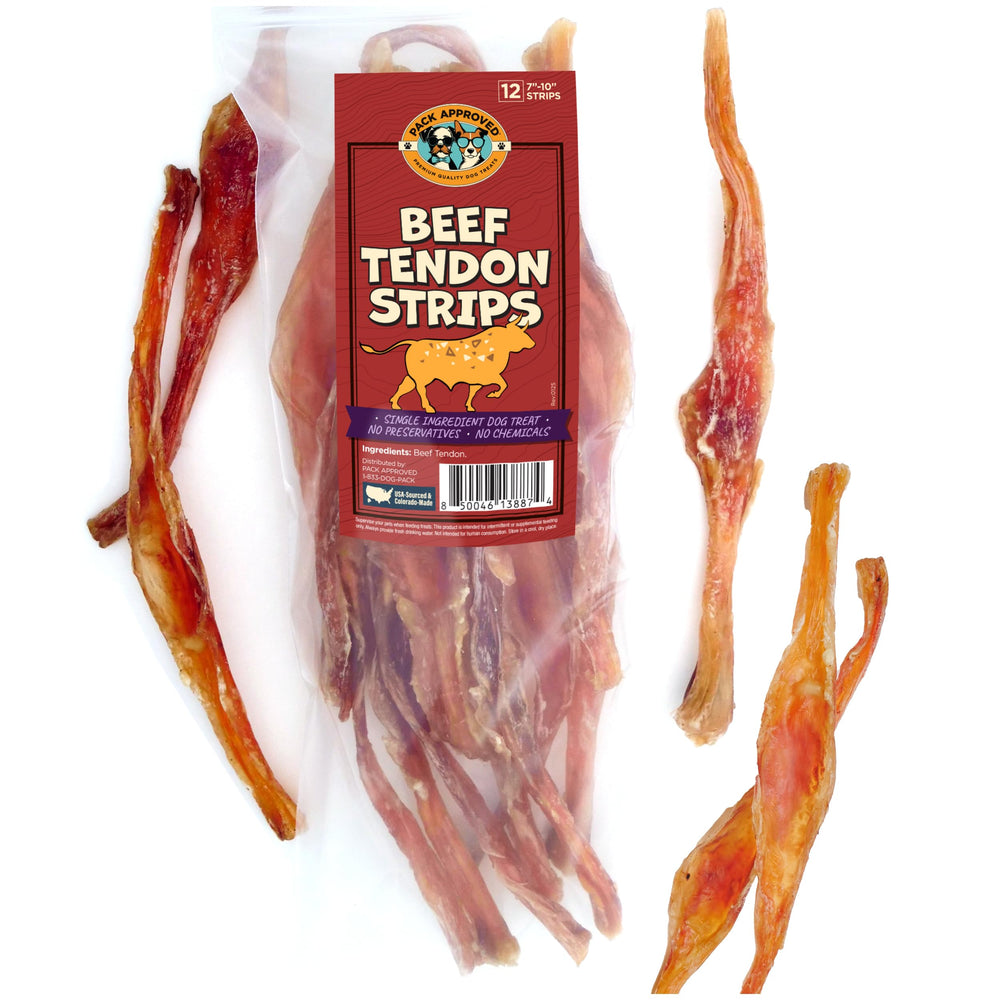 Pack Approved beef tendon long chew unwrapped, long-lasting for power chewers.