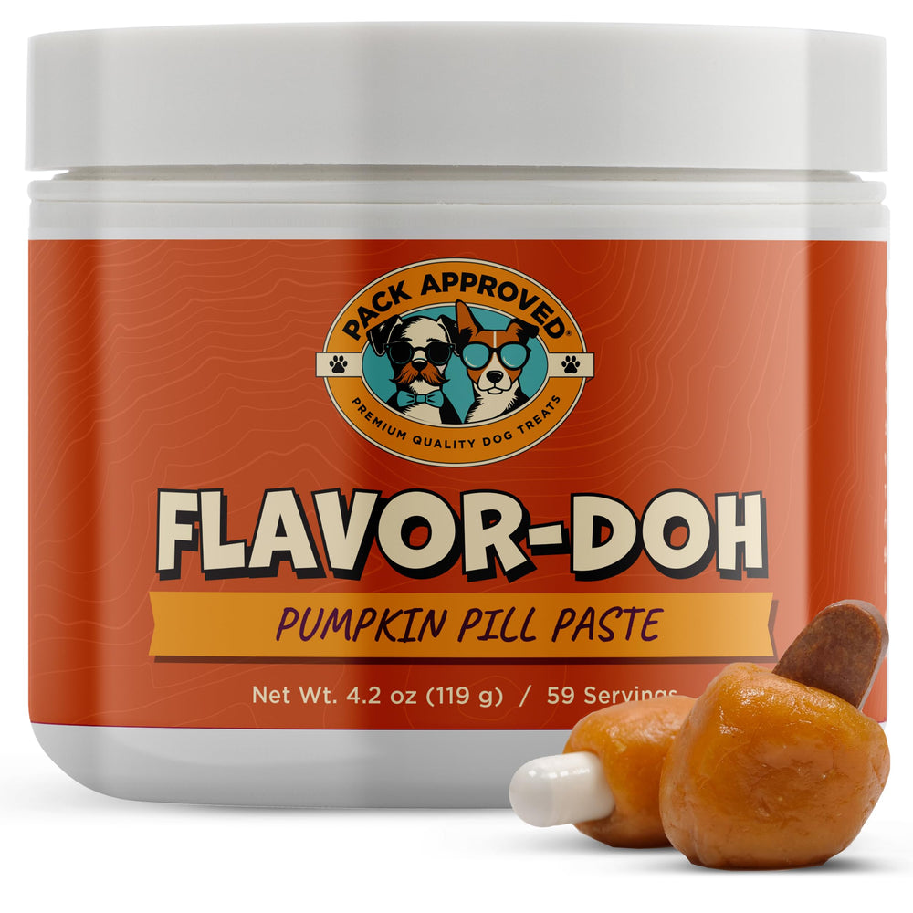 Pack Approved Flavor-Doh pumpkin packaging demonstrates easy pill hiding for dogs.