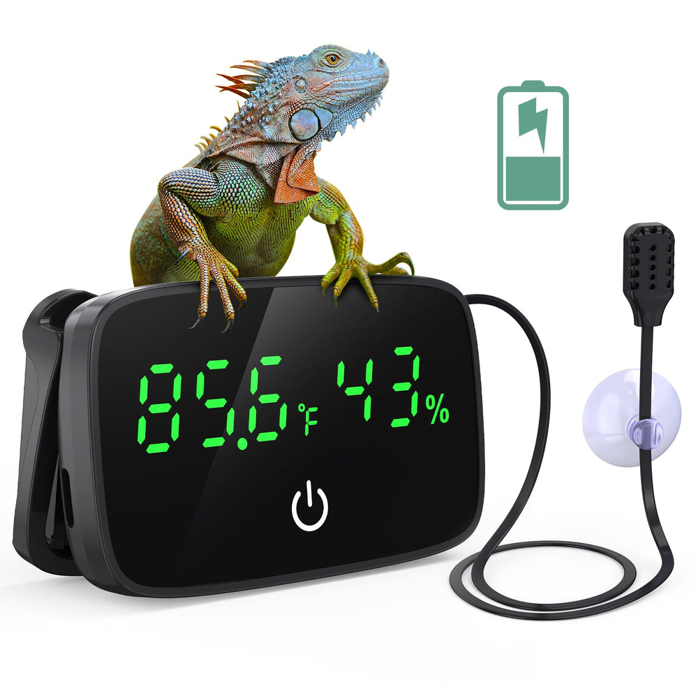 PAIZOO reptile thermometer-hygrometer LED display shows enclosure readings