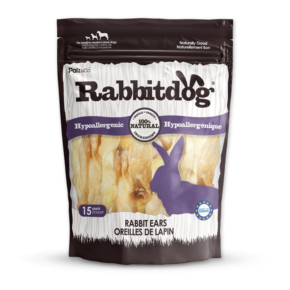 Palz&Co RabbitDog Rabbit Ears without fur pack—digestible, single-ingredient chews for sensitive stomachs.