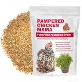 Pampered Chicken Mama molting supplement bottle supports protein-rich diet for stronger feathers.