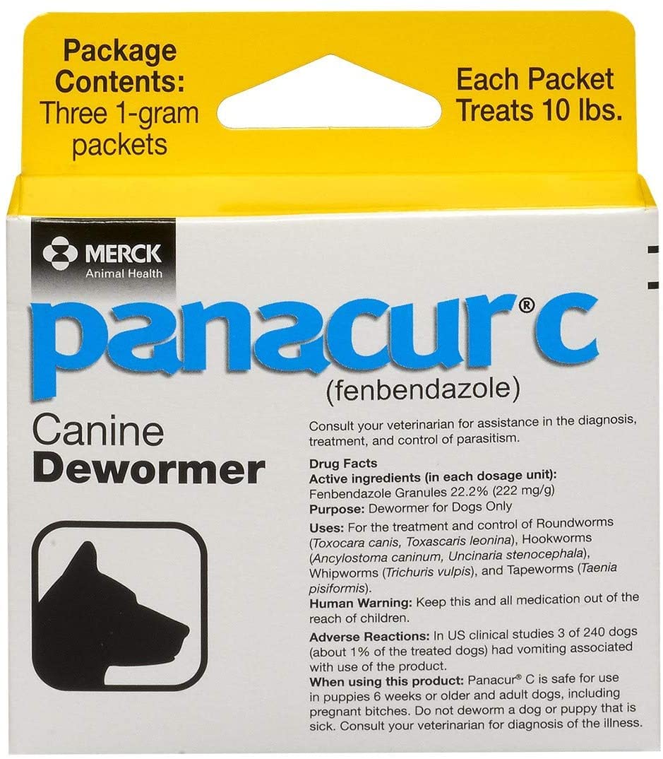 Panacur C three-gram packets packaging for convenient canine parasite care.