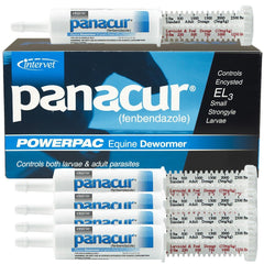 Panacur Powerpac 5pack syringes ready for a complete parasite control course for a 1250-lb horse.