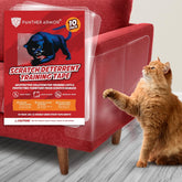 Panther Armor double-sided deterrent sheet on sofa deters scratching and protects upholstery.