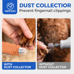 PAPIFEED dog nail grinder with dust-proof cover catching debris for easy cleanup.