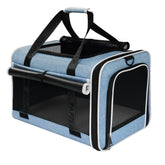Papzer top-loading cat carrier under-seat with privacy shade keeps cats calm during flights.