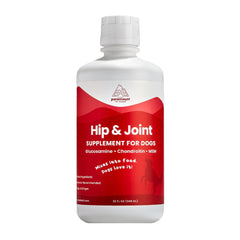 Paramount Pet Health liquid glucosamine bottle closeup for joint support.