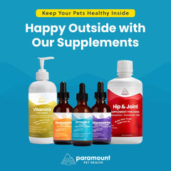 Paramount Pet Health label with glucosamine, chondroitin, MSM ingredients.