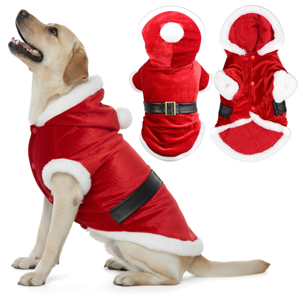Parisian Pet Santa hoodie front view shows festive belt buckle detail for holiday photos