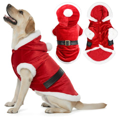 Parisian Pet Santa hoodie front view shows festive belt buckle detail for holiday photos