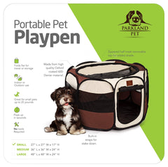 Parkland Pet playpen mesh shade cover attached for cooling shade during outdoor use.