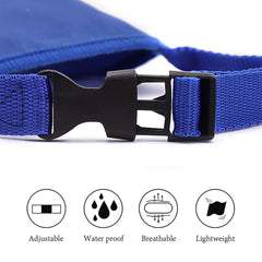 Parts Express dog muzzle blue neck strap close-up highlights durable quick-release buckle.