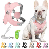 Patas Lague dog harness pink front view highlights soft padding for comfortable daily walks.