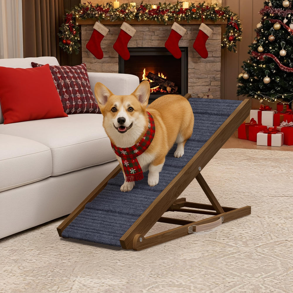 PATHOSIO PETS adjustable dog ramp folded beside the bed with walnut wood and gray carpet