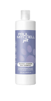 Paul Mitchell Pet Calming Lavender Mint Shampoo bottle shows vegan, cruelty-free cleansing for dogs.
