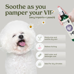 Paw Fume apply-detangler-mist shows gentle mist detangling for mats.