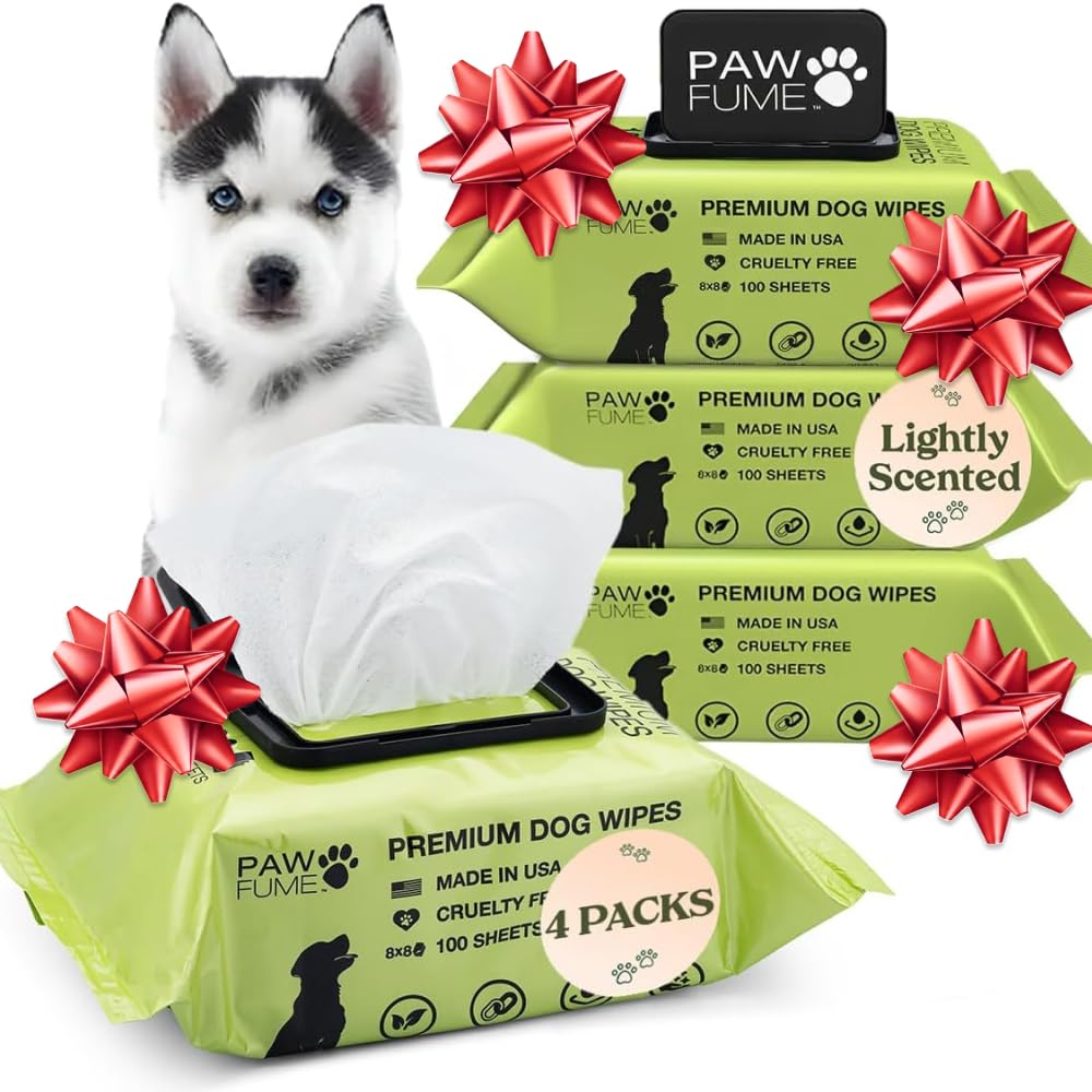 Paw Fume dog wipes pack open showing resealable lid for easy on-the-go cleaning