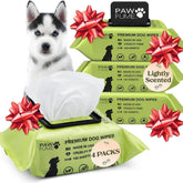 Paw Fume dog wipes pack open showing resealable lid for easy on-the-go cleaning