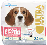 Paw Inspired 32ct disposable dog diapers pack-front shows secure fit for training and daily wear.