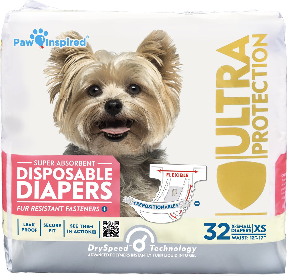Paw Inspired packaging front view showing 32-count dog diapers for female dogs with reliable protection.