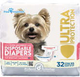 Paw Inspired packaging front view showing 32-count dog diapers for female dogs with reliable protection.