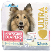 Paw Inspired 32ct disposable dog diaper packaging provides quick size reference.