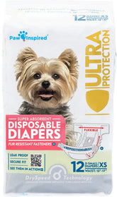 Paw Inspired disposable dog diapers packaging front for reliable protection and fit.