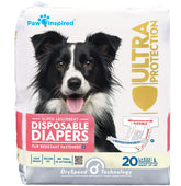 Paw Inspired dog diapers packaging with secure fit and ultra protection for dog comfort.