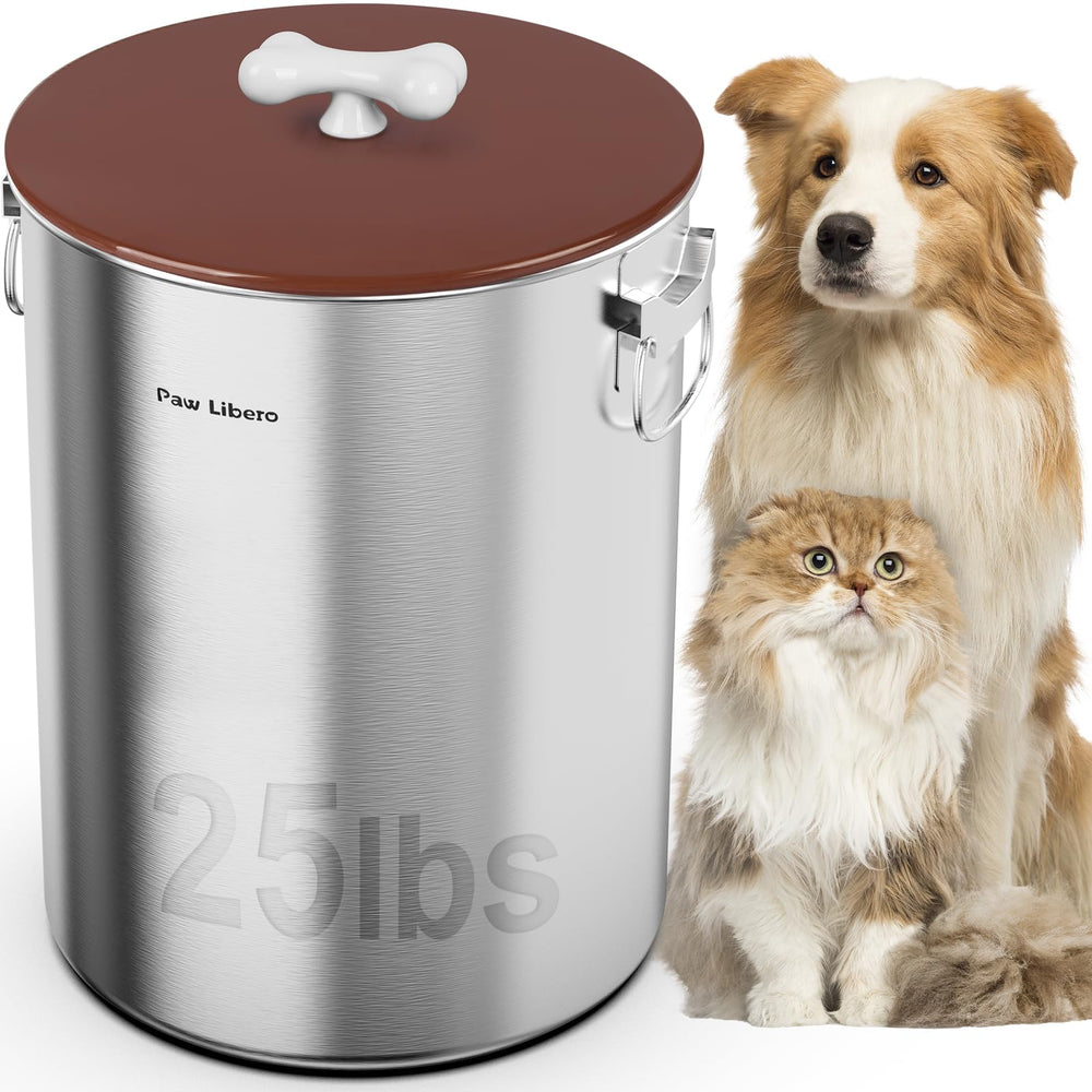 Paw Libero 25lbs stainless steel dog food bin front view keeps kibble fresh