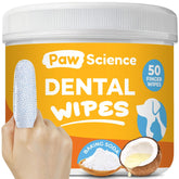 Paw Science teeth wipes package illustrates quick, no-rinse dental care for pets.