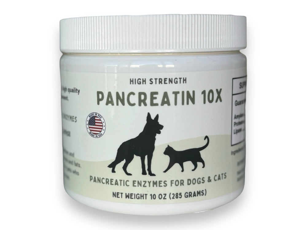 Paw Vitality Pancreatin 10X bottle front view showing high-strength digestive enzymes
