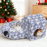 Pawaboo cat tunnel bed with Christmas-tree design in blue and white for festive play and rest.