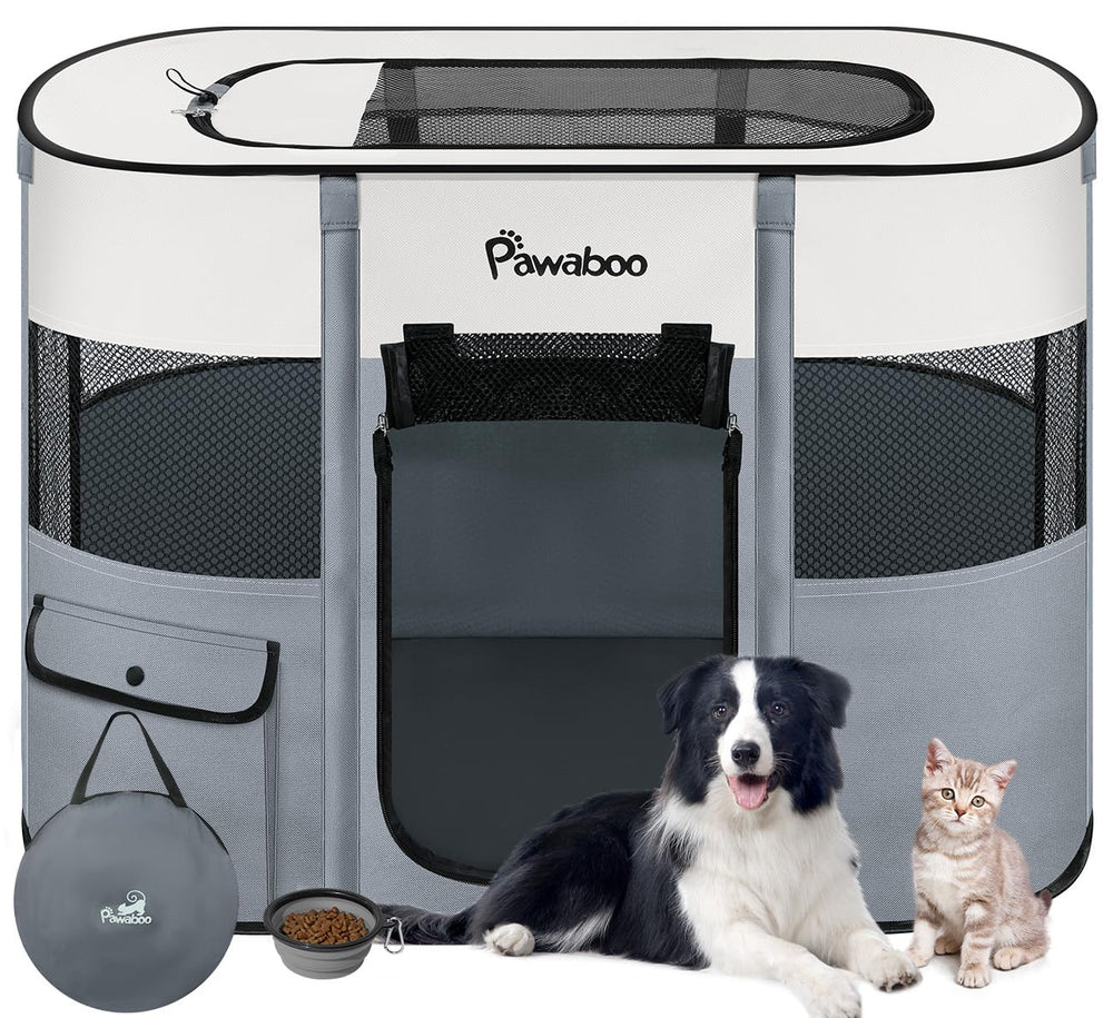 Pawaboo dog playpen setup indoors offering secure, breathable space for pets.