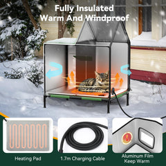 Pawaboo heated cat house elevated base keeps cats off cold, damp ground.