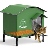 Pawaboo heated outdoor cat house front view with elevated base and weatherproof shell