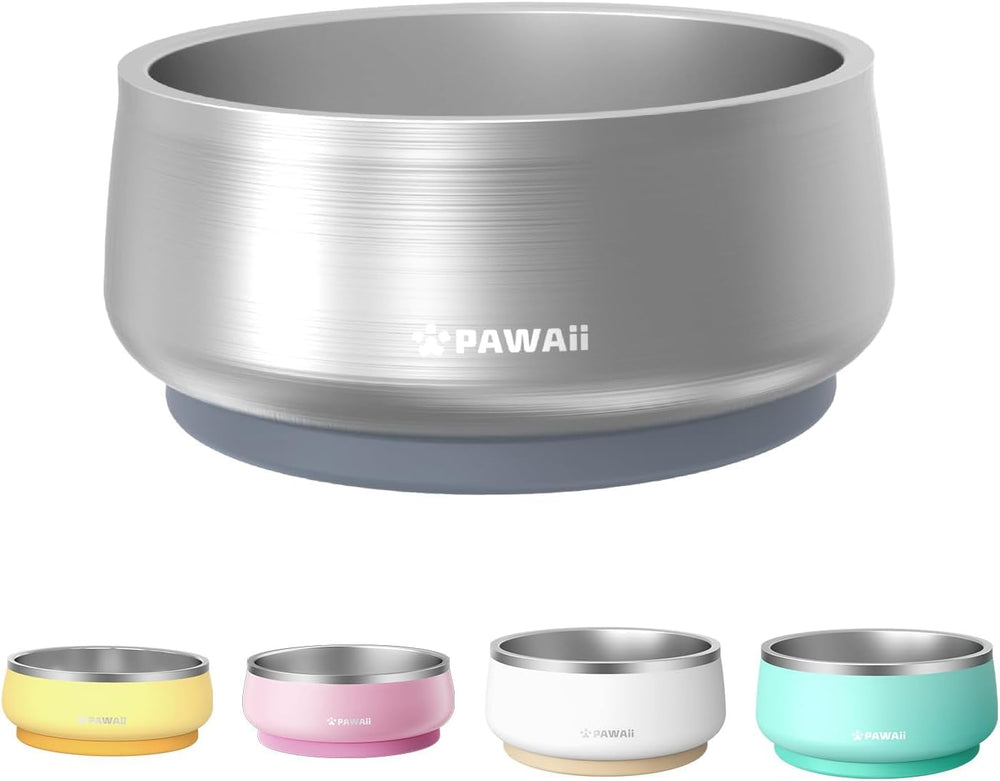 Pawaii stainless-steel dog bowl with ID tag shows durable feeding.