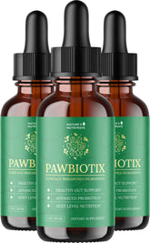 Pawbiotix bottle closeup highlighting liquid probiotic for dog gut health support.