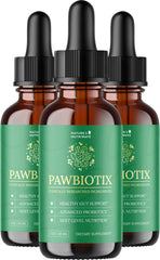 Pawbiotix bottle closeup highlighting liquid probiotic for dog gut health support.