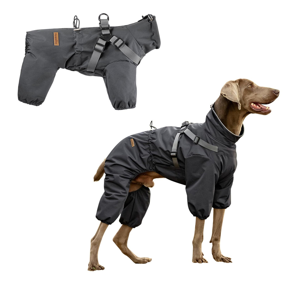 PAWBOSE dog raincoat with harness overview shows waterproof design for daily walks.