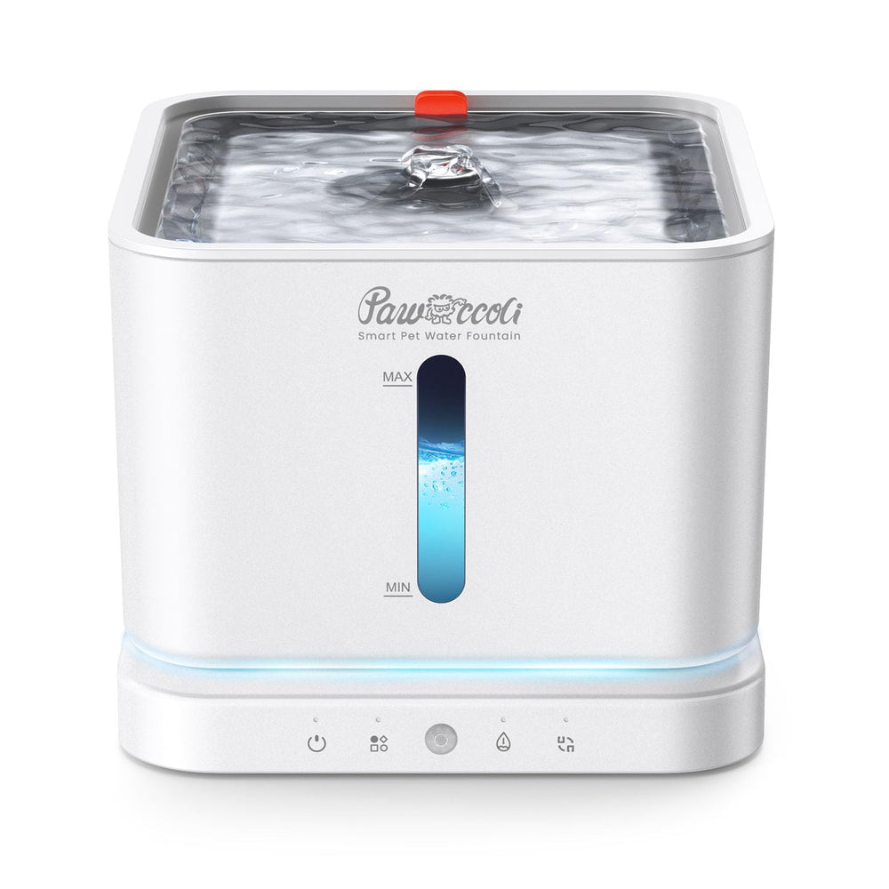 Pawccoli cordless cat water fountain 3L tray front view for reliable indoor hydration.