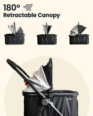 Pawccoli pet stroller in folded position with one-click fold feature