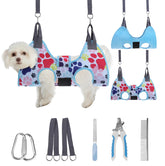 PAWCHIE dog grooming hammock harness blue XS demonstrates secure at-home grooming setup for nail trimming.