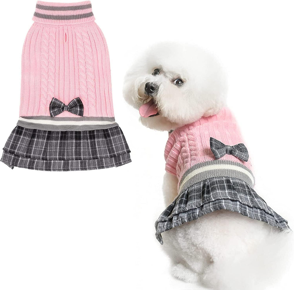 PAWCHIE dog sweater dress in red with bowtie keeps small dogs warm and stylish