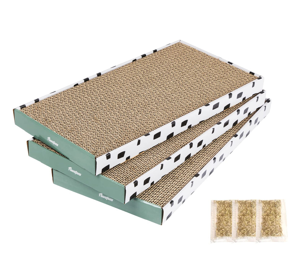 PAWSFANS cat scratcher cardboard box top view highlighting durable construction for long-lasting indoor play