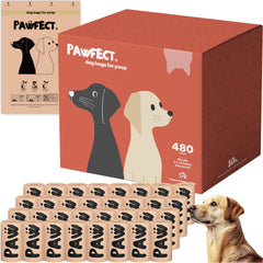 Pawfect dog poop bags rolls packaging highlights eco-friendly materials and compostable promise.
