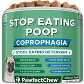 PAWFECTCHEW No Poo Chews bottle-front view shows a stool-eating deterrent for dogs.