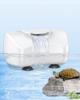 Pawfly 80 GPH mini turtle filter shows cascading outflow for improved tank circulation.