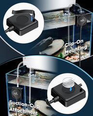 Pawfly Nano Silent Aquarium Air Pump clips enable flexible, tool-free mounting on various tanks.